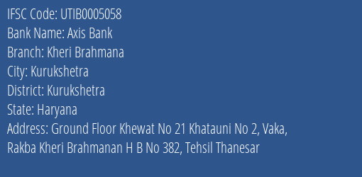 Axis Bank Kheri Brahmana Branch Kurukshetra IFSC Code UTIB0005058