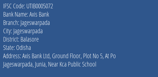 Axis Bank Jageswarpada Branch Balasore IFSC Code UTIB0005072