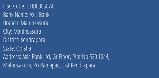 Axis Bank Mahinsasura Branch Kendrapara IFSC Code UTIB0005074