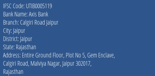Axis Bank Calgiri Road Jaipur Branch Jaipur IFSC Code UTIB0005119