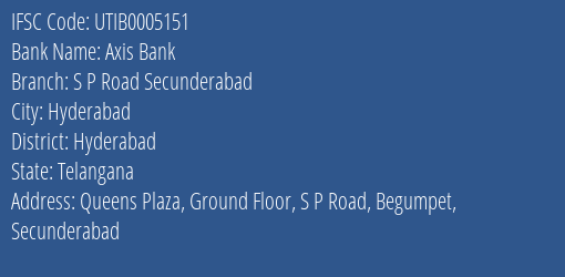 Axis Bank S P Road Secunderabad Branch Hyderabad IFSC Code UTIB0005151