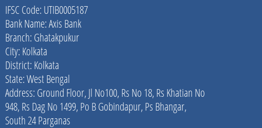 Axis Bank Ghatakpukur Branch Kolkata IFSC Code UTIB0005187