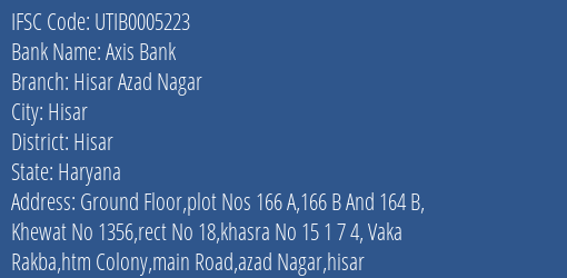 Axis Bank Hisar Azad Nagar Branch Hisar IFSC Code UTIB0005223