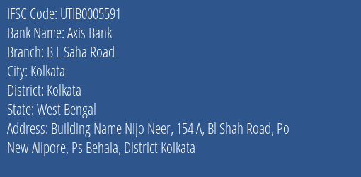 Axis Bank B L Saha Road Branch Kolkata IFSC Code UTIB0005591