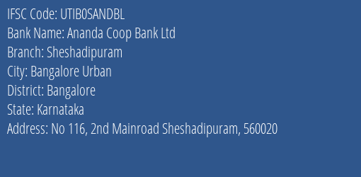 Ananda Coop Bank Ltd Sheshadipuram Branch, Branch Code SANDBL & IFSC Code UTIB0SANDBL