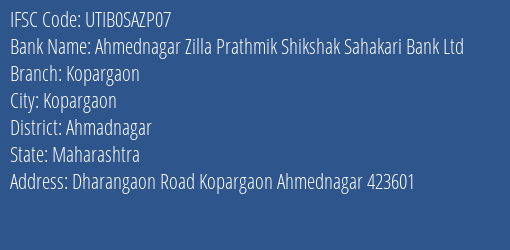 Axis Bank Ahmednagar Zilla Prathmik Shikshak Branch, Branch Code SAZP07 & IFSC Code UTIB0SAZP07