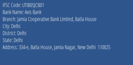 Axis Bank Jamia Cooperative Bank Limited Batla House Branch, Branch Code SJCB01 & IFSC Code UTIB0SJCB01