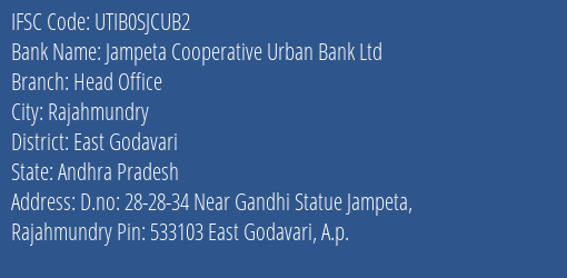 Jampeta Cooperative Urban Bank Ltd Head Office Branch, Branch Code SJCUB2 & IFSC Code UTIB0SJCUB2