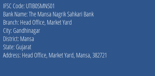 The Mansa Nagrik Sahkari Bank Head Office Market Yard Branch, Branch Code SMNS01 & IFSC Code UTIB0SMNS01
