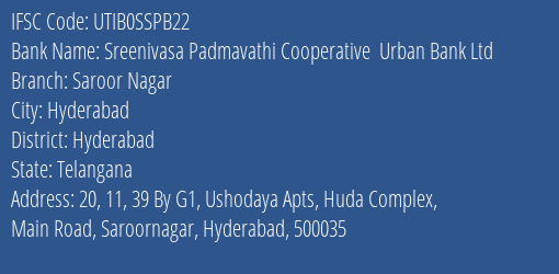 Sreenivasa Padmavathi Cooperative Urban Bank Ltd Saroor Nagar Branch, Branch Code SSPB22 & IFSC Code UTIB0SSPB22