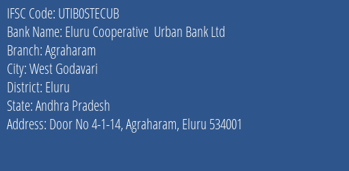 Eluru Cooperative Urban Bank Ltd Agraharam Branch, Branch Code STECUB & IFSC Code UTIB0STECUB