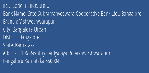 Sree Subramanyeswara Cooperative Bank Ltd. Bangalore Vishweshwarapur Branch, Branch Code SUBCO1 & IFSC Code UTIB0SUBCO1