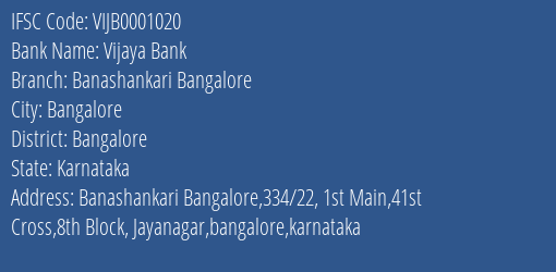 Vijaya Bank Banashankari Bangalore Branch, Branch Code 001020 & IFSC Code Vijb0001020