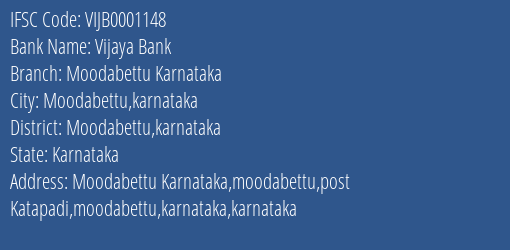 Vijaya Bank Moodabettu Karnataka Branch Moodabettu Karnataka IFSC Code VIJB0001148