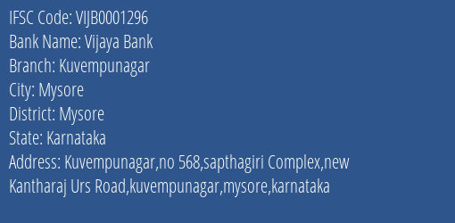 Vijaya Bank Kuvempunagar Branch Mysore IFSC Code VIJB0001296