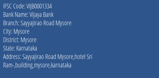 Vijaya Bank Sayyajirao Road Mysore Branch Mysore IFSC Code VIJB0001334