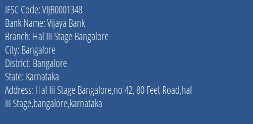 Vijaya Bank Hal Iii Stage Bangalore Branch Bangalore IFSC Code VIJB0001348