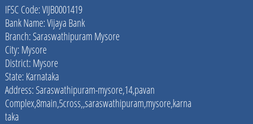 Vijaya Bank Saraswathipuram Mysore Branch Mysore IFSC Code VIJB0001419