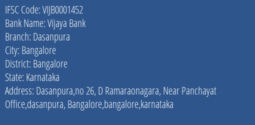 Vijaya Bank Dasanpura Branch, Branch Code 001452 & IFSC Code Vijb0001452