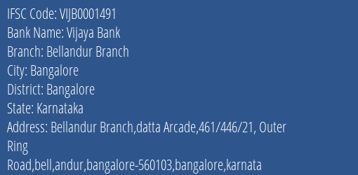 Vijaya Bank Bellandur Branch Branch Bangalore IFSC Code VIJB0001491