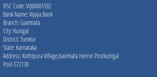 Vijaya Bank Gavimata Branch, Branch Code 001592 & IFSC Code VIJB0001592