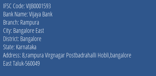 Vijaya Bank Rampura Branch Bangalore IFSC Code VIJB0001593