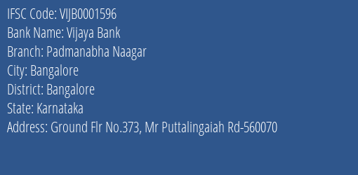 Vijaya Bank Padmanabha Naagar Branch Bangalore IFSC Code VIJB0001596
