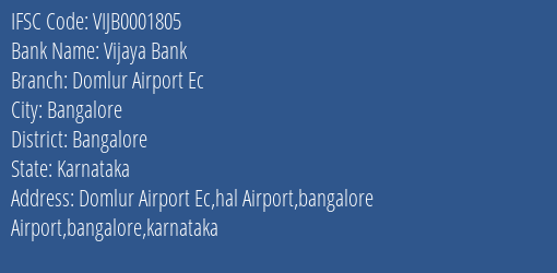 Vijaya Bank Domlur Airport Ec Branch Bangalore IFSC Code VIJB0001805