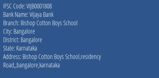 Vijaya Bank Bishop Cotton Boys School Branch Bangalore IFSC Code VIJB0001808