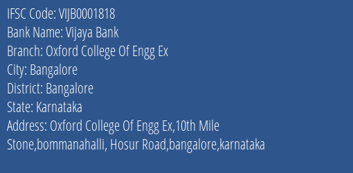 Vijaya Bank Oxford College Of Engg Ex Branch Bangalore IFSC Code VIJB0001818