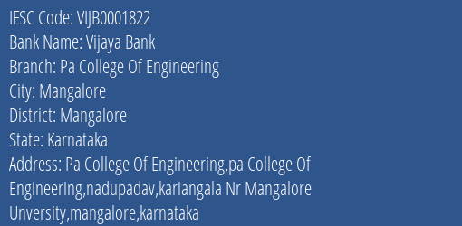 Vijaya Bank Pa College Of Engineering Branch Mangalore IFSC Code VIJB0001822