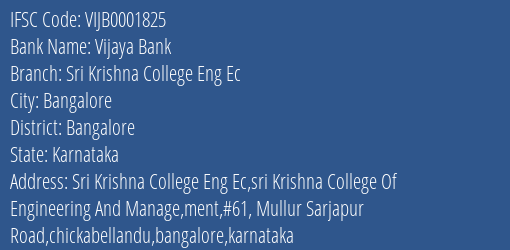 Vijaya Bank Sri Krishna College Eng Ec Branch Bangalore IFSC Code VIJB0001825
