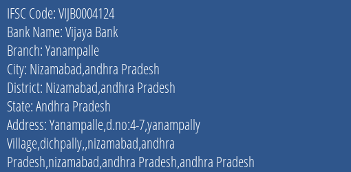Vijaya Bank Yanampalle Branch Nizamabad Andhra Pradesh IFSC Code VIJB0004124