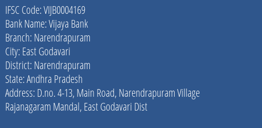 Vijaya Bank Narendrapuram Branch Narendrapuram IFSC Code VIJB0004169