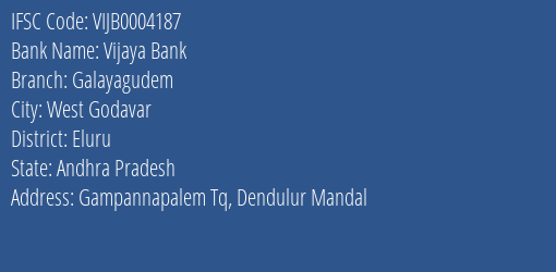 Vijaya Bank Galayagudem Branch, Branch Code 004187 & IFSC Code VIJB0004187