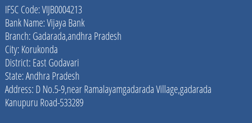 Vijaya Bank Gadarada Andhra Pradesh Branch, Branch Code 004213 & IFSC Code VIJB0004213