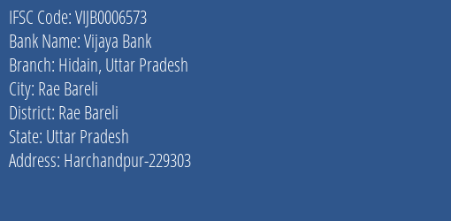 Vijaya Bank Hidain Uttar Pradesh Branch Rae Bareli IFSC Code VIJB0006573