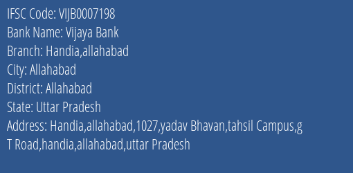 Vijaya Bank Handia Allahabad Branch Allahabad IFSC Code VIJB0007198