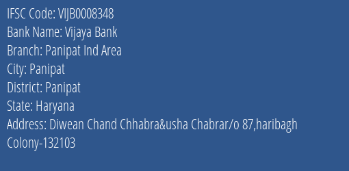 Vijaya Bank Panipat Ind Area Branch Panipat IFSC Code VIJB0008348