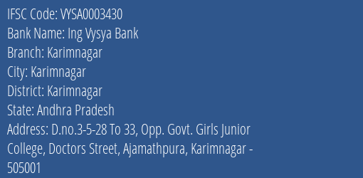 Ing Vysya Bank Karimnagar Branch, Branch Code 003430 & IFSC Code VYSA0003430