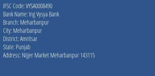 Ing Vysya Bank Meharbanpur, Amritsar IFSC Code VYSA0008490