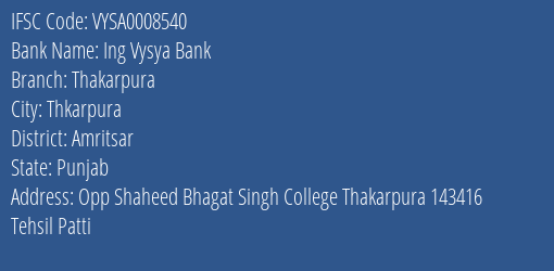 Ing Vysya Bank Thakarpura, Amritsar IFSC Code VYSA0008540