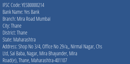 Yes Bank Mira Road Mumbai Branch Thane IFSC Code YESB0000214