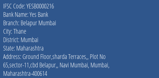 Yes Bank Belapur Mumbai Branch Mumbai IFSC Code YESB0000216