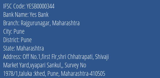 Yes Bank Rajgurunagar Maharashtra Branch Pune IFSC Code YESB0000344