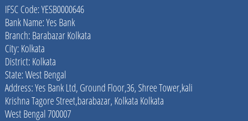 Yes Bank Barabazar Kolkata Branch Kolkata IFSC Code YESB0000646