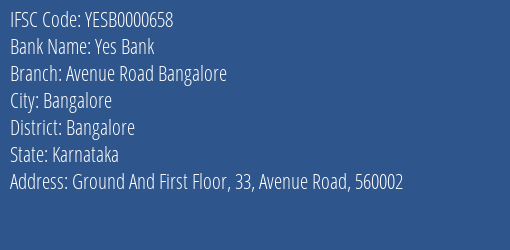 Yes Bank Avenue Road Bangalore Branch Bangalore IFSC Code YESB0000658