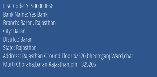 Yes Bank Baran Rajasthan Branch, Branch Code 000666 & IFSC Code YESB0000666