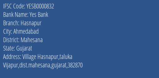 Yes Bank Hasnapur Branch IFSC Code