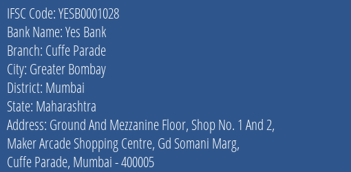 Yes Bank Cuffe Parade Branch Mumbai IFSC Code YESB0001028